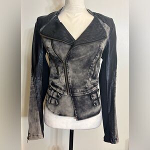 BKE Distressed Acid Wash Moto Jacket with Zippers and Straps SZ S